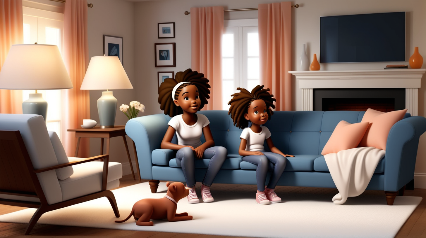 keep the setting, layout, characters, and clothing the exact same across each image generation: 
vector art. 3d. natural, realistic looking 5-year-old, african-american girl, mahkai, snuggled and looking at her mom and talking to her. They are both wearing jeans and white t-shirts.

on the sofa, in a whole, complete-living-room-scene, showing tables, chairs, fireplace, stairs, windows, curtains, sofa. 

keep the living-room image consistent across all generations: same living-room layout; same furniture placement and colors; same blue sofa; same peach colored curtains; same round wooded table; same white lamps; same white rug; same white fireplace.
children's-book illustration