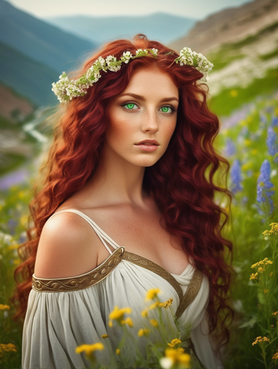 a very beautiful woman with wavy maroon hair, green eyes, in a valley of flowers. greek mythology 