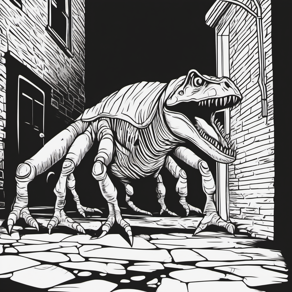 Un dinosaurio araa en un oscuro callejn pginas