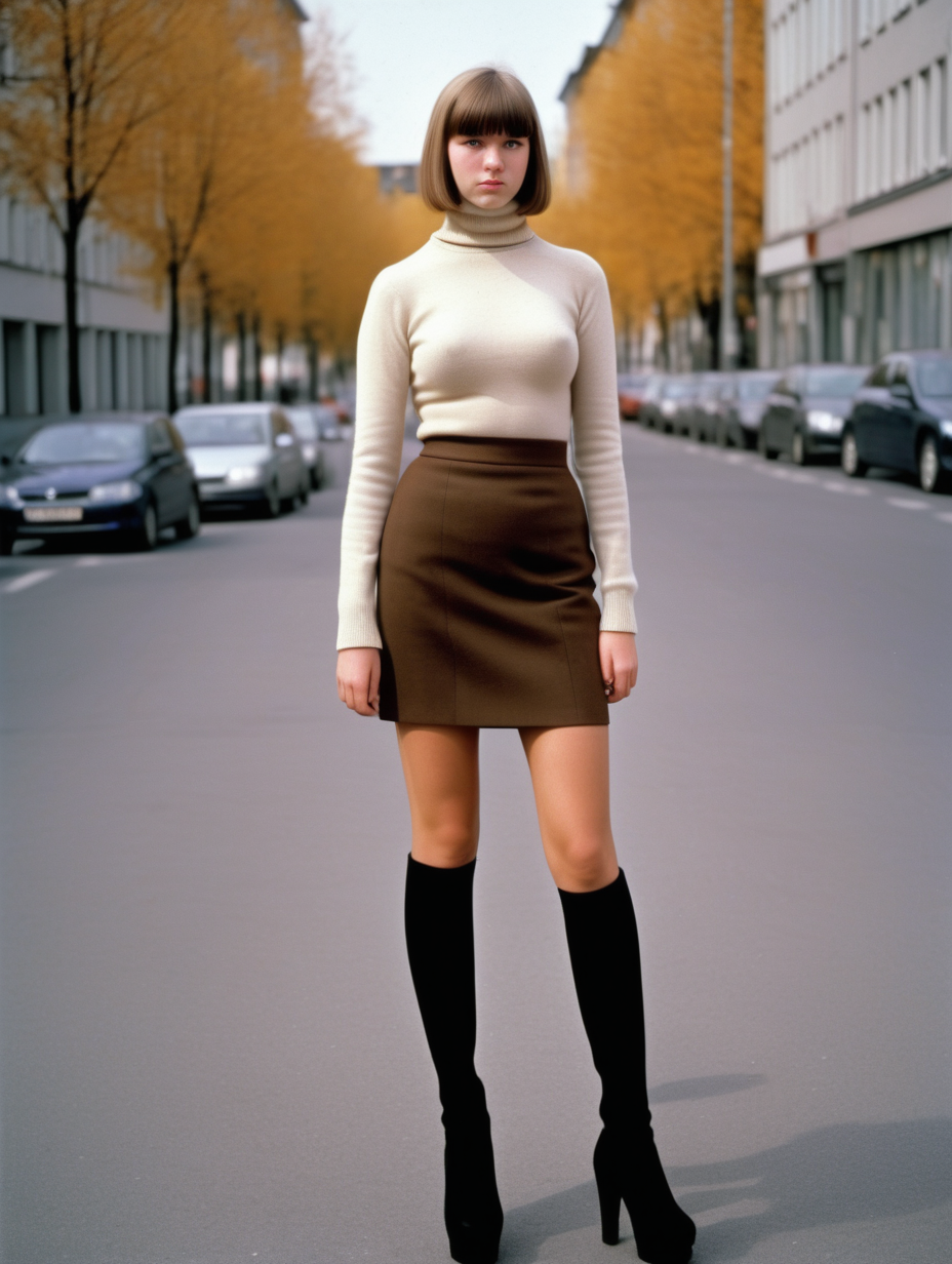 Finnish teenage girl, round-toed heeled knee-high platform boots, dressed like a politician, long tight wool skirt, walking on the street, short straight hair with bangs, very large breasts, silk turtleneck