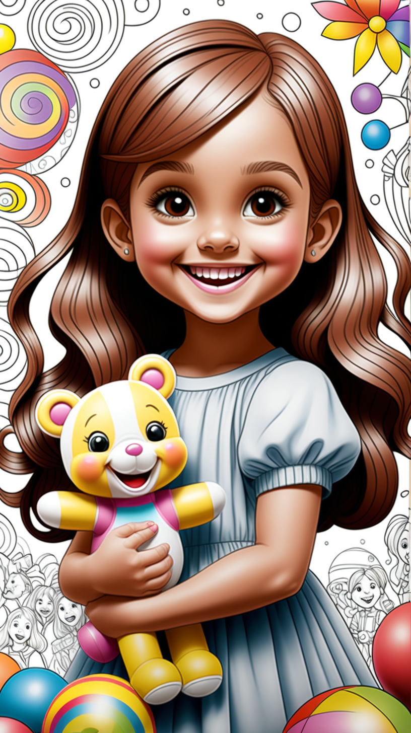 The cover of a coloring book, width 17.43 inches and length 11.25 inches. A drawing of a girl holding a toy while she is happy, with all the colors and shading in it.