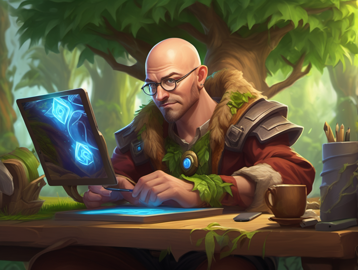 Digital art in the style of hearthstone card art. The subject is a male character on his 30s bald fade doing digital art on a wacom and monitor. The scene takes place in a office with natural elements such as things made of out of trees or grass.--v 5.3