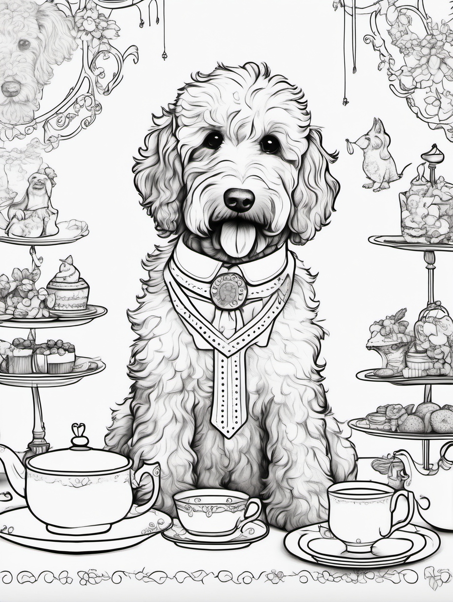 A cute goldendoodle at a whimsical tea party with other animals in fancy attire for coloring book with black lines and white background