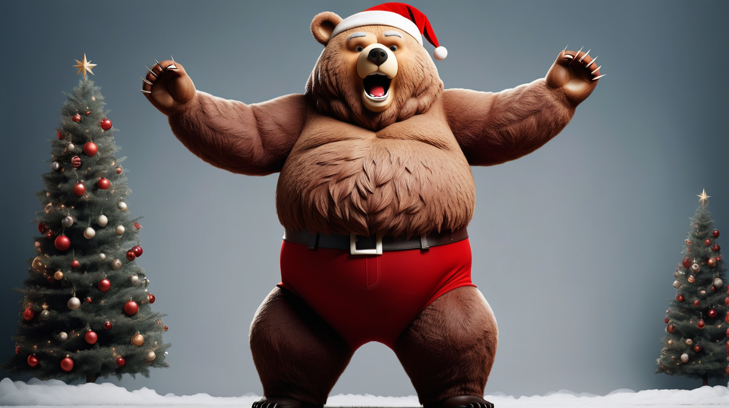  Санта клаусом нарядился большой медведь и стоит на двух ногах