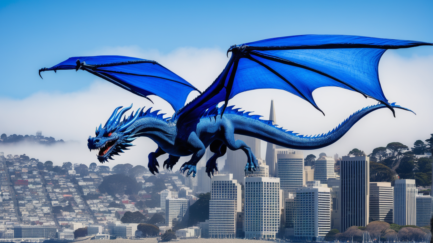 blue dragon flying over San Francisco