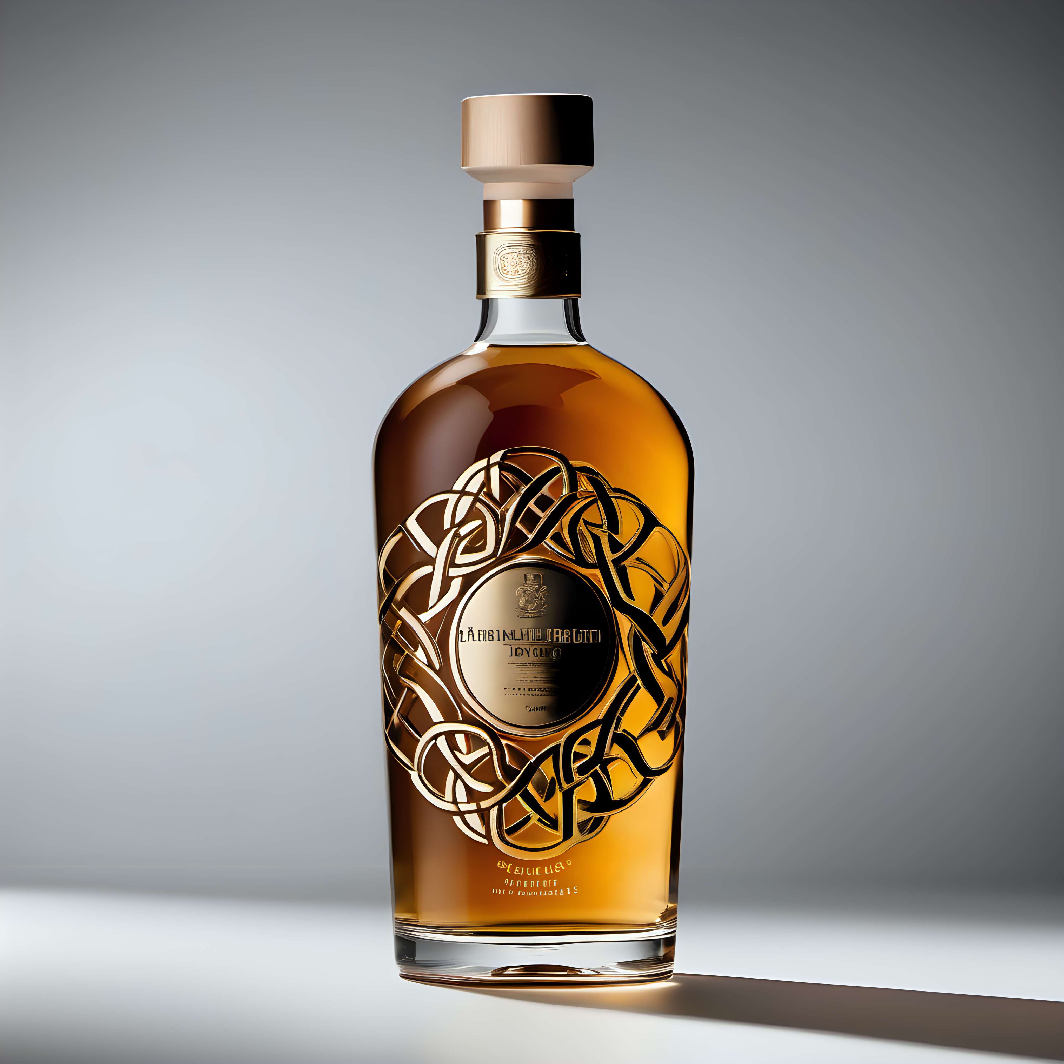 a minimalist modern whisky brand bottle with gold foil celtic detailing
