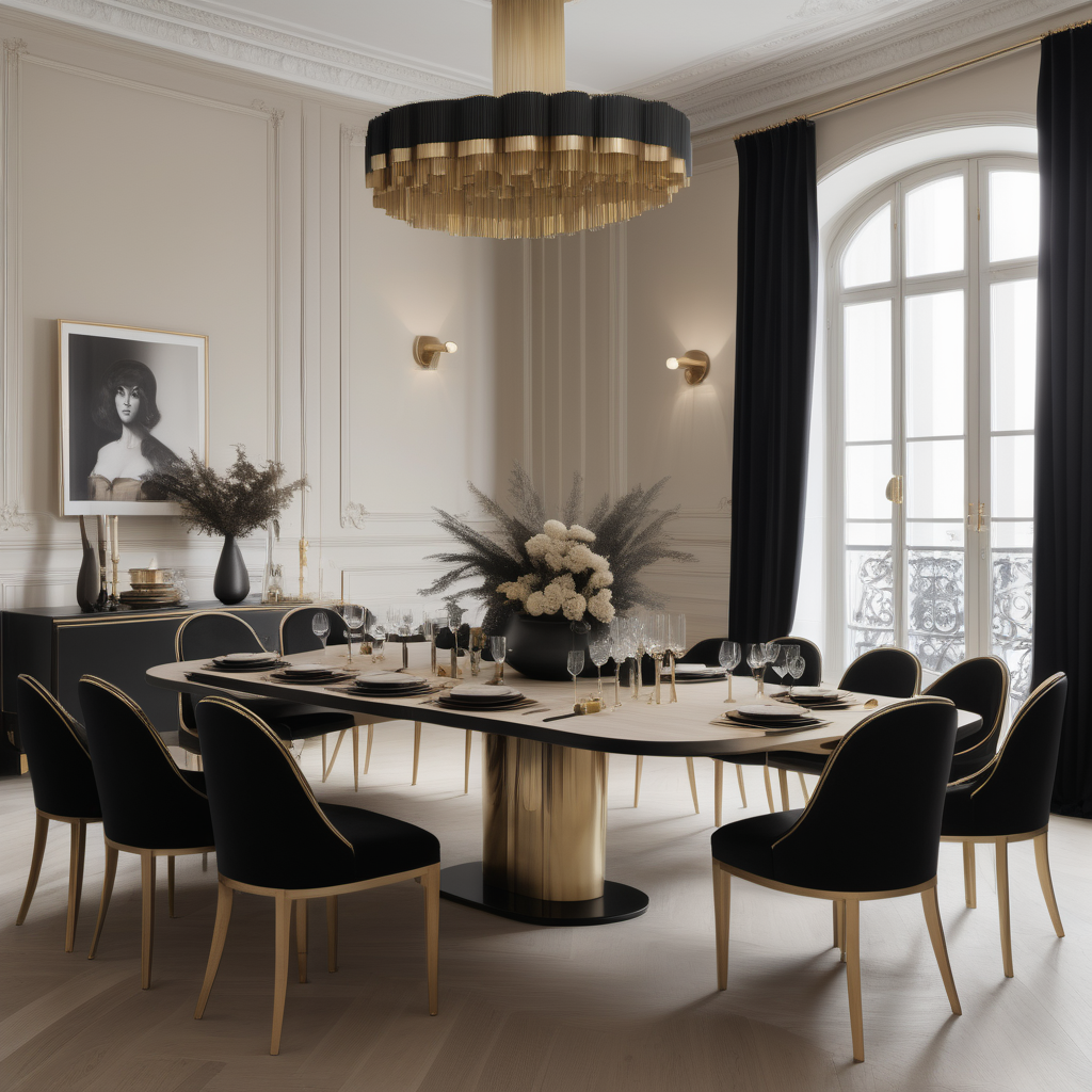 a hyperrealistic of Modern Parisian dining table properly set for a dinner party for 12 people in a beige oak brass and black colour palette 
