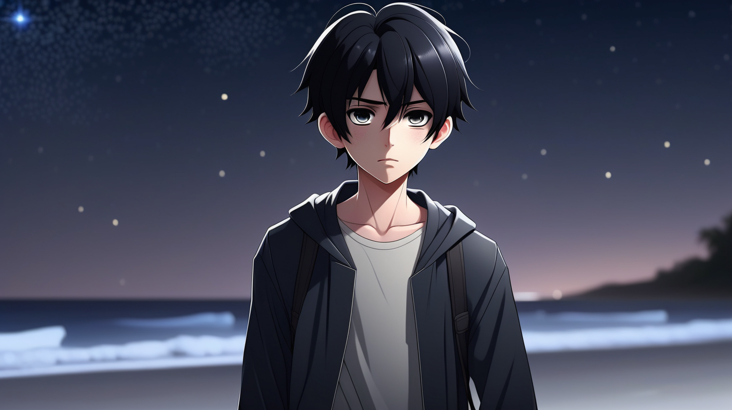 Late one night, handsome anime young boy, was walking on the beach, black hair, modern clothes, background with a beautiful night sky with lots of stars, simple full color, high quality, lively eyes, dark, gloomy, dark color, natural eyes, hd, hyper realistic,