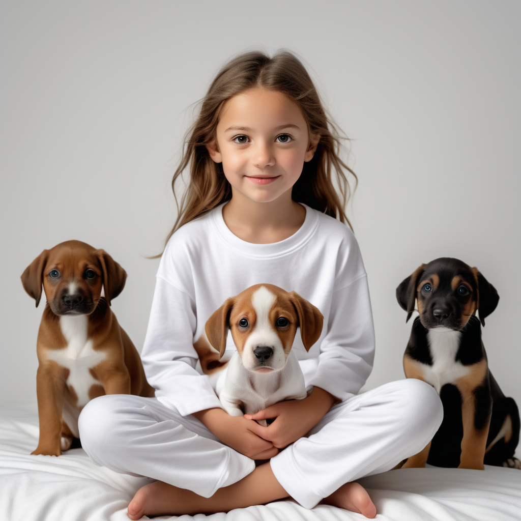 “Perfect Facial Features photo of a cute 10 year old girl sitting in  white cotton tshirt pyjama with no print, long  tight cuff sleeves, loose long pants) ,surrounded by different puppy's, no background, hyper realistic, ideal face template, HD, happy, Fujifilm X-T3, 1/1250sec at f/2.8, ISO 160, 84mm”