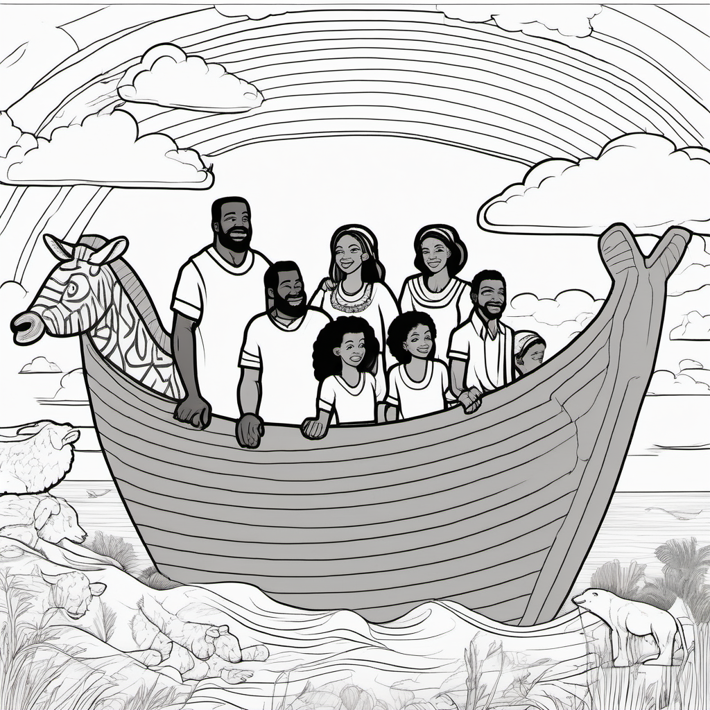 black and white, coloring page, African American Noah and his wife and their 3 sons and their wives on the ark with the animals on the sea with a beautiful sky scene as the background