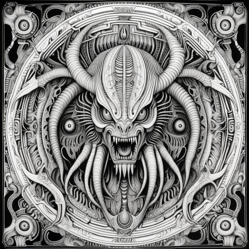 black & white, coloring page, high details, symmetrical mandala, strong lines, beast with many eyes in style of H.R Giger