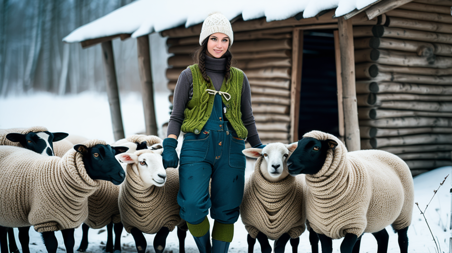 A hot russian girl black-haired  with green eyes works in a sheep farm. Darkness, cold and lots of snow and deep mud. A wooden hut, a cowshed. She works in front of them and feeds the sheeps. She is wearing short  to ankle black rubber boots with hand-knitted muddy woolen socks sticking out of them and knitted gaiters. He wears work black  spandex leggings, stained with mud. She is wearing a thick knitted white woolen long-sleeved brown chunky sweater - torn and muddy. On top of it, she wore a Turkish dark blue knitted vest with buttons and side pockets. On top of all this is a sleeveless quilt in a black color with mud stains on it. There are knitted gloves, a knitted hat in white and gray. She wrapped a hemp rope around her waist . He works with the animals and feed them.