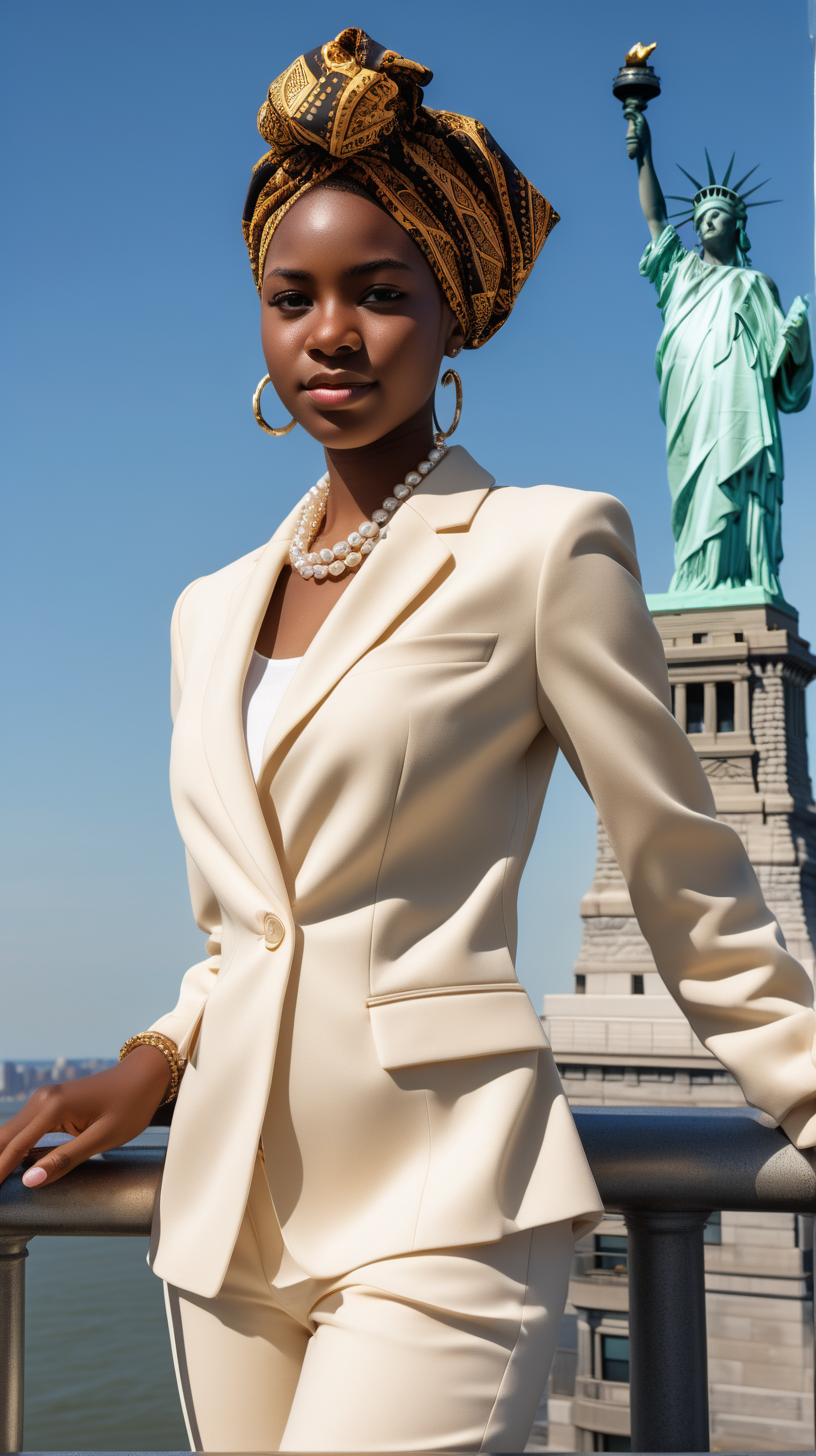 A handsome, intelligent black, female, teenager, wearing an African headwrap, short hair, wearing a cream, blouse, wearing an elegant, string of pearls, Wearing a navy, two piece, women's wool suit, standing on the overlook deck, at the top of the statue of liberty, building, in a luxury, brightly lit, modern day, sunny, in Ultra 4K, High Definition, full resolution, hyper realism