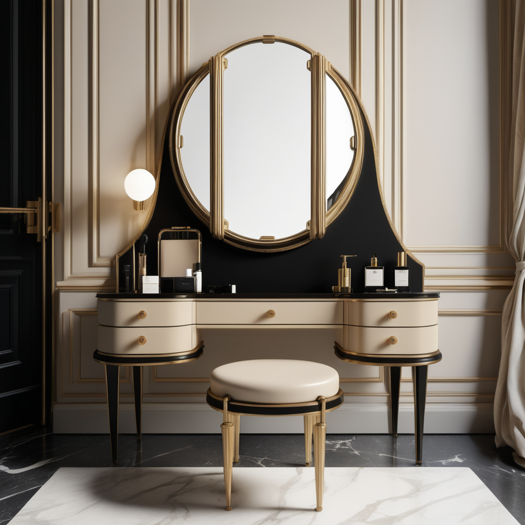 a hyperrealistic image of a modern Parisian  vanity table  in beige, oak, black and brass 
