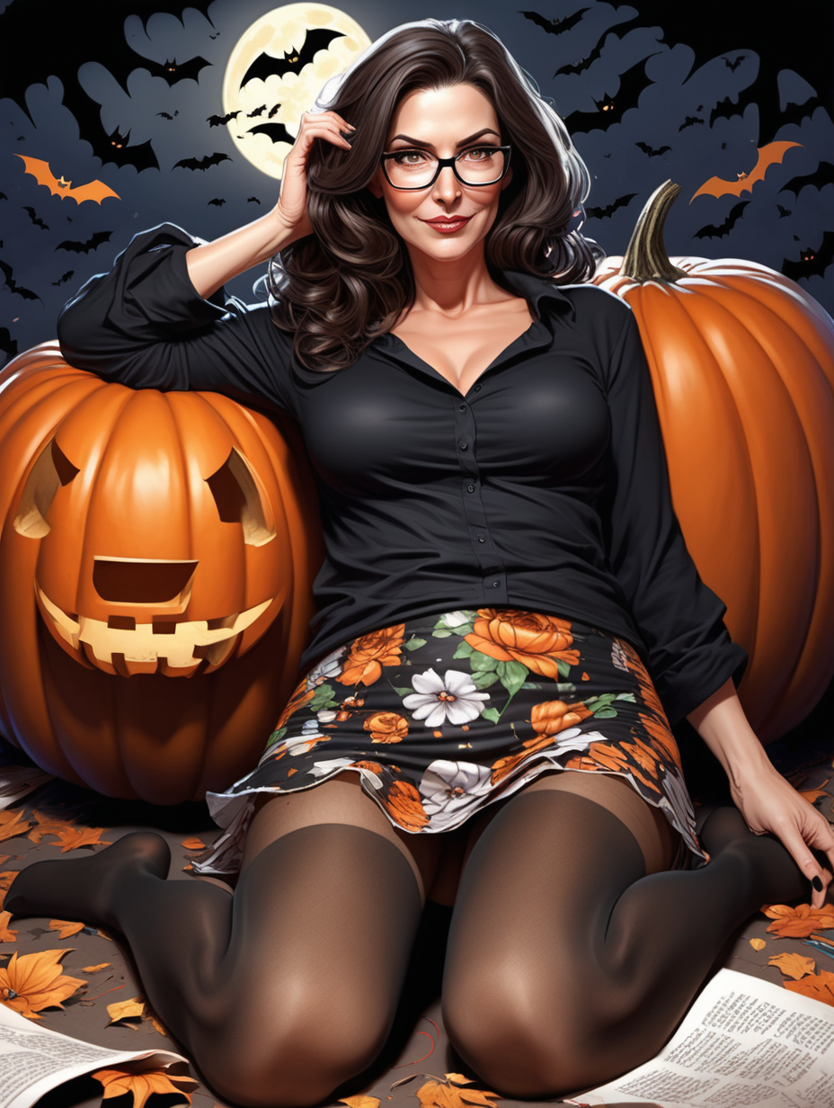 Beautiful, mature, brunette woman, teacher, glasses, [ripped open] (black) shirt & (flowy)floral skirt, reclined, halloween night[Detailed comic book art style] , thick pantyhose legs