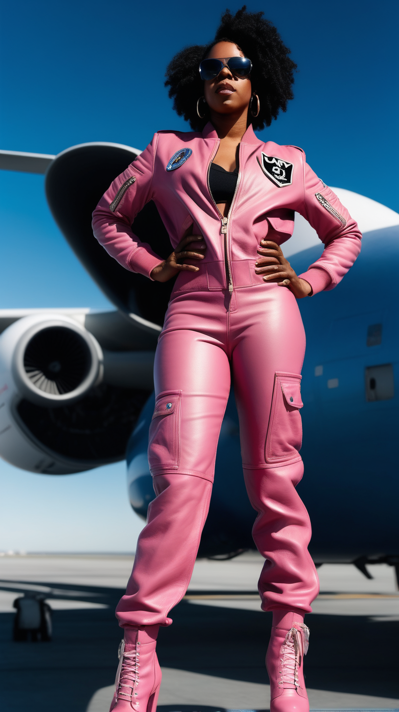 Beautiful Black woman, beautiful body, wearing a leather, full body, "JayZ" Blue, flight suit, wearing a pink leather bomber, standing on an air carrier 4k, high definition, high resolution