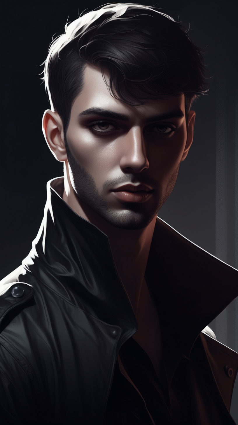 Create a dark fantasy art illustration,  of Nicolas Simoes, with short hair, modern clothes, in shadows. Close up.