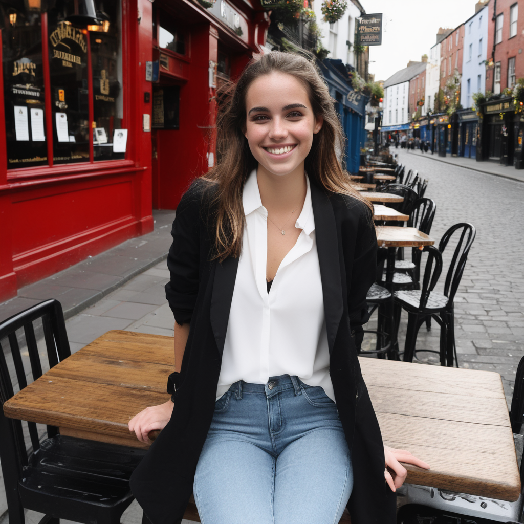 A smiling Emily Feld dressed in a long, white blouse and jeans, with a black jacket sitting at a table outside a pub in Templebar, Dublin