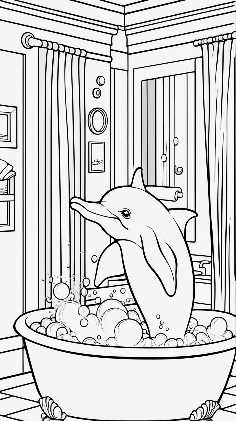 simple colouring page for kids, dolphin in a bubble bath, background white bathroom, clean line art --AR 1:1.41-- 
