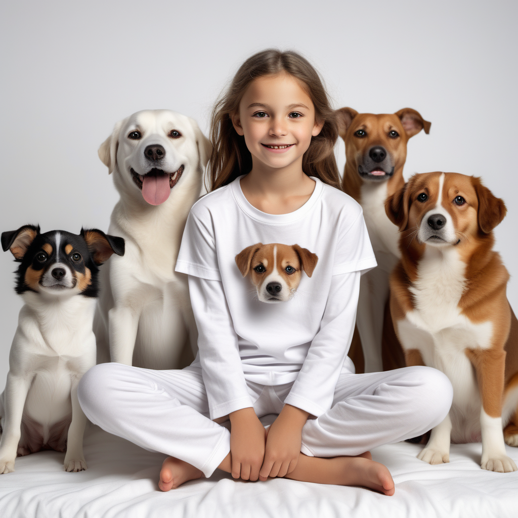 “Perfect Facial Features photo of a cute 10 year old girl sitting in  white cotton tshirt pyjama with no print, long  tight cuff sleeves, loose long pants) ,surrounded by different dogs, no background, hyper realistic, ideal face template, HD, happy, Fujifilm X-T3, 1/1250sec at f/2.8, ISO 160, 84mm”