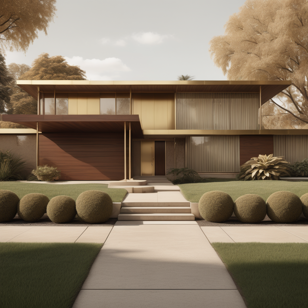 a hyperrealistic image of a midcentury modern home; brass, walnut wood, beige colour palette; 
