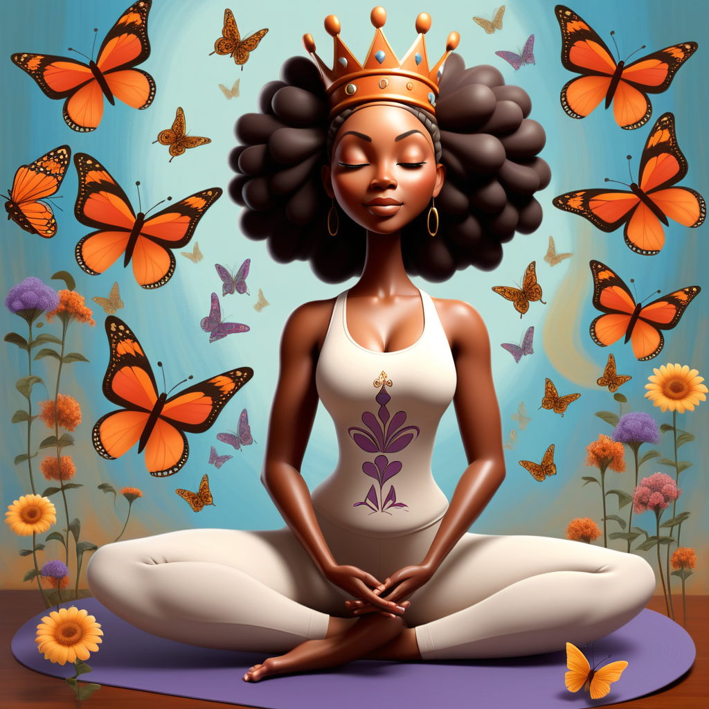 An African American stunning tall  curvy Whimsical depiction of a queen in a yoga pose surrounded by butterflies, tagline:

Bold Letter at Top of Page 
 "Yoga Crowns: Healing from Within."
