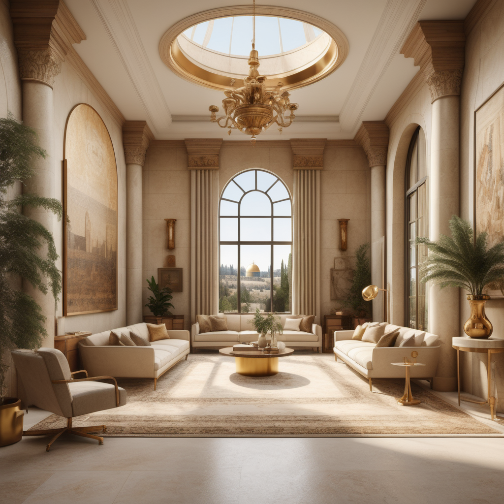 a hyperrealistic image of a grand modern Jerusalem-inspired estate home consevatory art room; Beige, oak, brass colour palette; 
