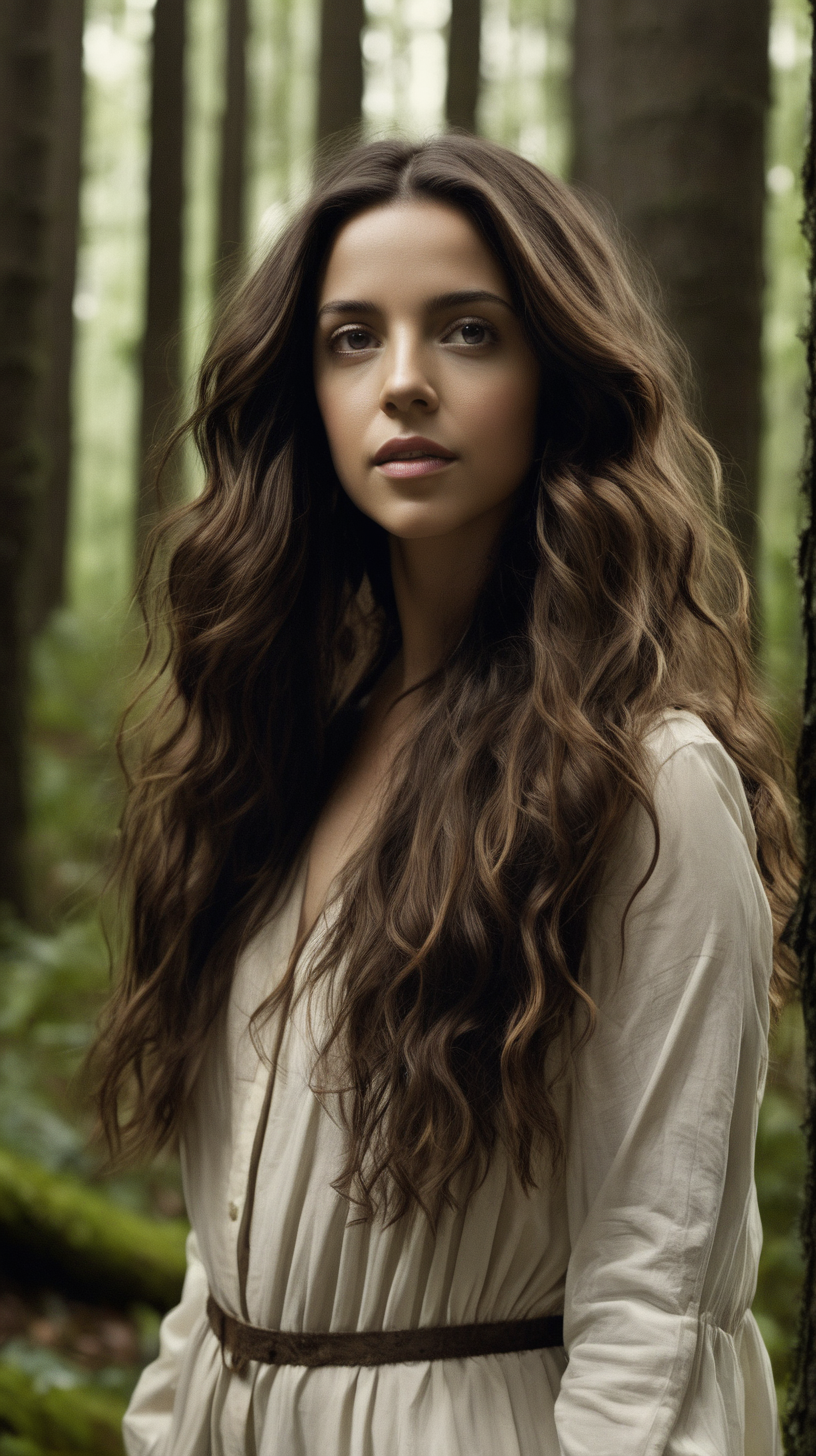 Actress Alba Baptista with long, wavy brunette hair standing in a forest 