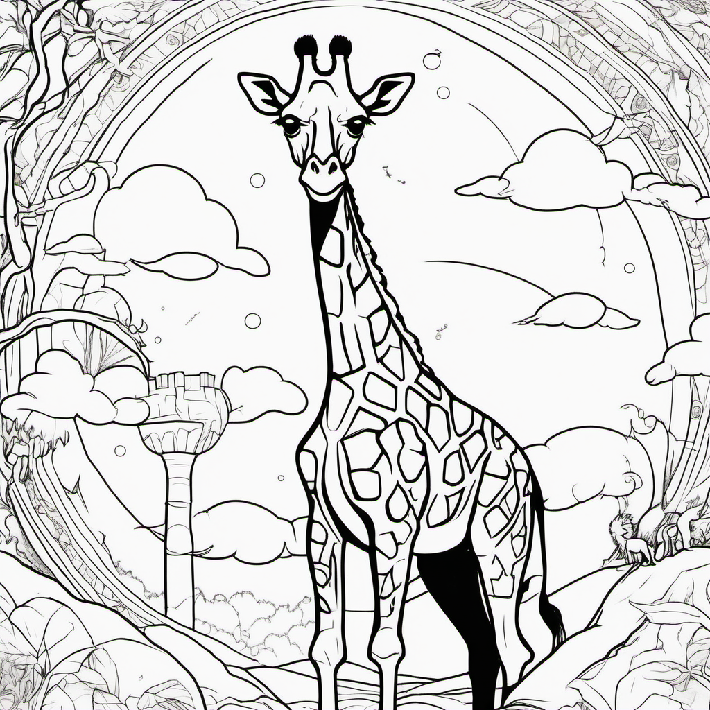 /imagine colouring page for kids, Giraffe with dragons flying around, thick lines, low details, no shading --ar 9:11