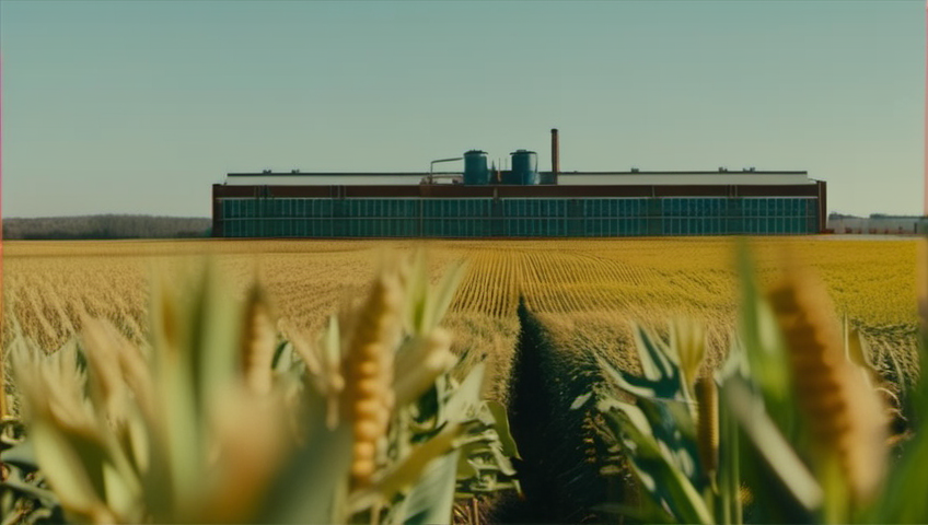 cinematic wide-shot image of an industrial building surrounded by cornfields  in the style of a wes anderson film