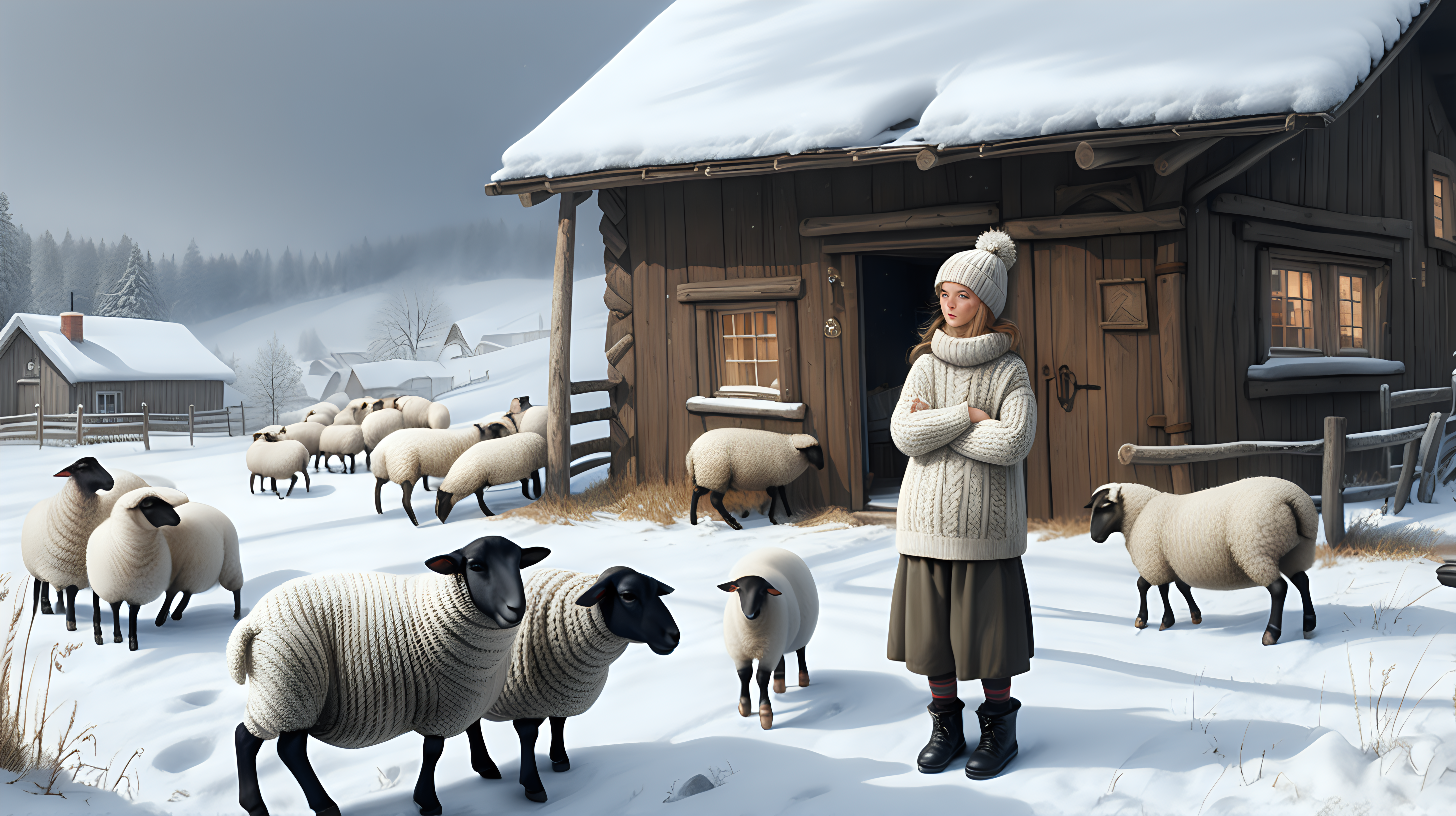 A young peasant woman wearing  a super thick knitted woolen sweater, a knitted hat, thick woolen leggings, high knitted woolen socks,black rubber galoshes. He digs in the fields and clears the snow. Around her there are animals - sheep. Near is the wooden house Everything is covered in snow. I'ts night.
