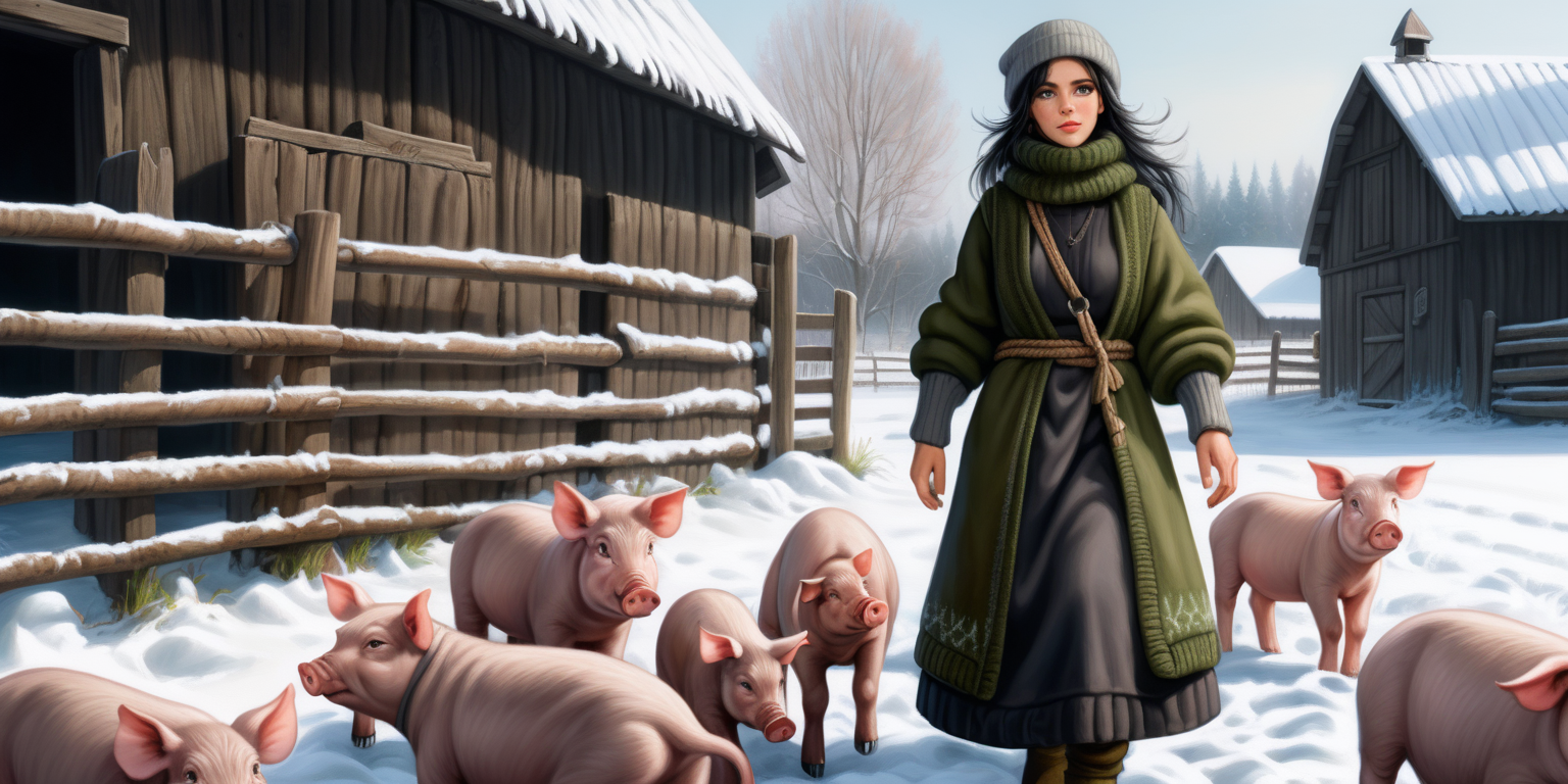 A beautiful peasant woman with long black hair and green eyes works in the pen in front of the barn. Around her are piglets - small and pink. Everything is in mud. The barn is surrounded by a fence of old wooden posts and wire mesh. It's winter, everything is covered with a thick layer of snow. Mud and snow mix. The peasant woman has put on low to the ankle black rubber shoe on her feet. Brown coarsely knitted woolen socks stick out from them - up to the middle of the leg and. On top of them, to keep her warm, she has put on green - brown, very wrinkled and crumpled woolen knitted gaiters. It is worn with thick elastic leggings, over it there is a shotr knitted skirt in black and brown. A chunky brown-gray wool sweater with a chin-high collar is snug around her. over it she wore an off-white furry sleeveless sweater with a triangle neckline. Above all this is a short  quilted waistcoat in green which is unbuttoned. On his head he wears a thick knitted woolen gray hat - an ushanka. He also has a thick scarf sloppily draped around his neck. He also wears gray knitted woolen fingerless gloves. across the waist, a thin hemp rope is wrapped 2-3 times. She is with tied on back hands with hemp rope around neck.