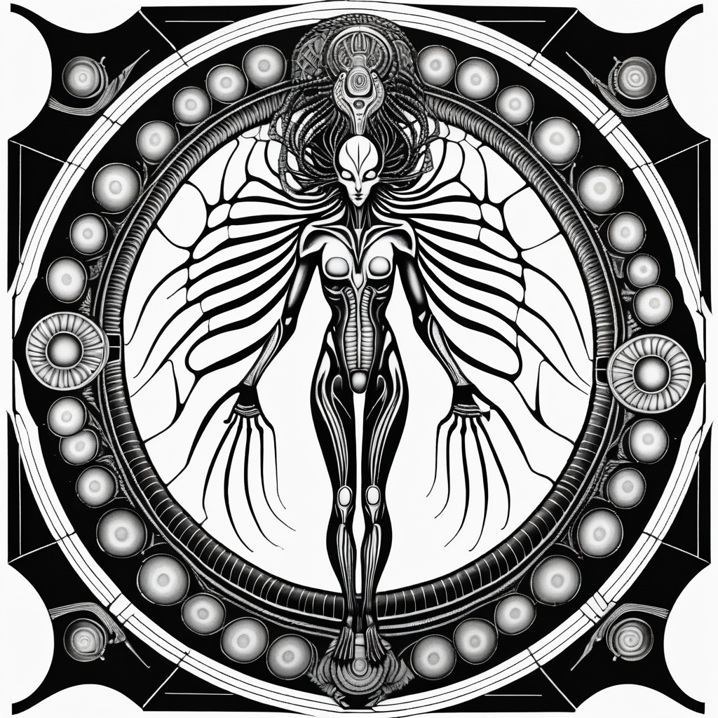 black & white, coloring page, high details, symmetrical mandala, strong lines, alien Vitruvian woman in style of H.R Giger