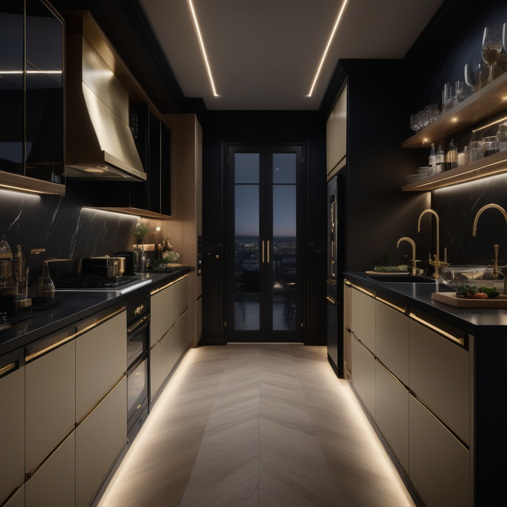 a hyperrealistic image of a palitial modern Parisian 3x6 metre Galley Kitchen at night with mood lighting,  in beige, oak, black and brass 
