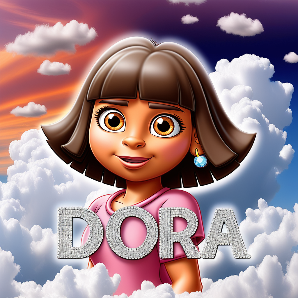 prompt: without the image but the word DORA  in rhinestone in the sky  with clouds