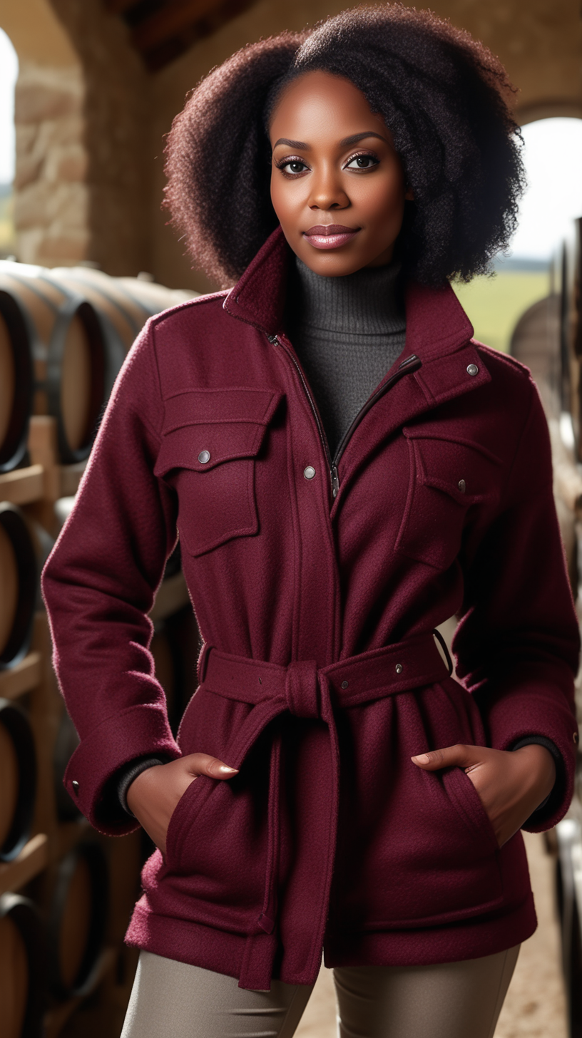 A cute, dark skinned, black woman, wearing feathered Black hair, wearing a maroon, three-quarter length, belted safari jacket, wearing a grey lambswool, mock neck sweater, wearing tight, Negro Jeggings, standing in a winery, View is close up, from the waist up, 4k, realism, high definition clarity, light sources are large candles, sconces on the wall 