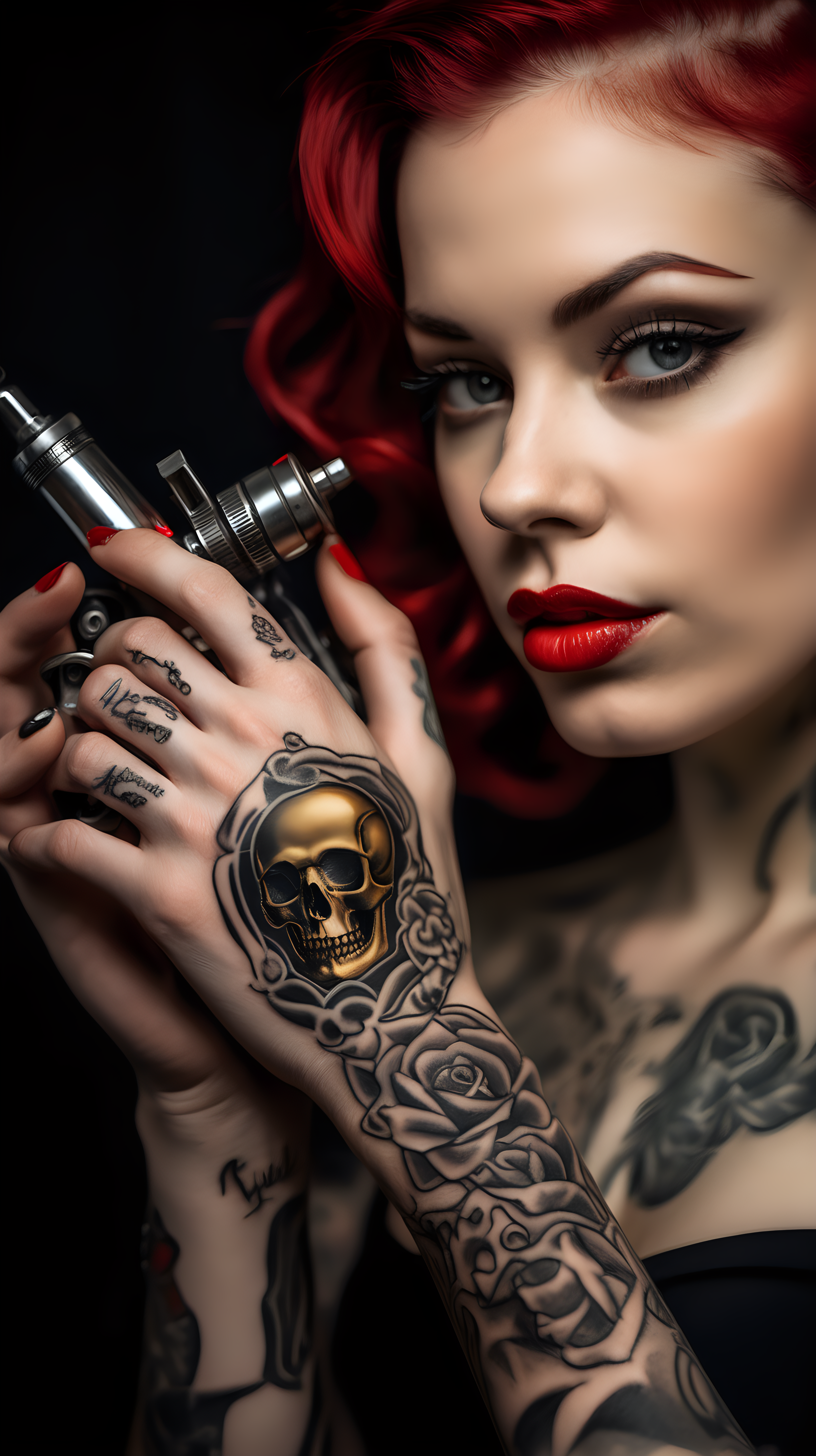 /imagine prompt : An ultra-realistic photograph captured with a canon 5d mark III camera, equipped with an macro lens at F 5.8 aperture setting, The camera is directly in front of the subject, capturing a vintage classic tattoo machine /describe : a pattern of the skull is engraved on golden tattoo grip , grabbed by a hand wearing black nitrile gloves . A beautiful woman whose only lips are visible in the picture is sensually kissing the grip of the tattoo machine with her very red lips.
the hand is blurred and the focus sets on tattoo machine .
Soft spot light gracefully illuminates the subject and golden grip is shining. The background is absolutely black , highlighting the subject.
The image, shot in high resolution and a 16:9 aspect ratio, captures the subject’s  with stunning realism –ar 9:16 –v 5.2 –style raw
-iw 2
