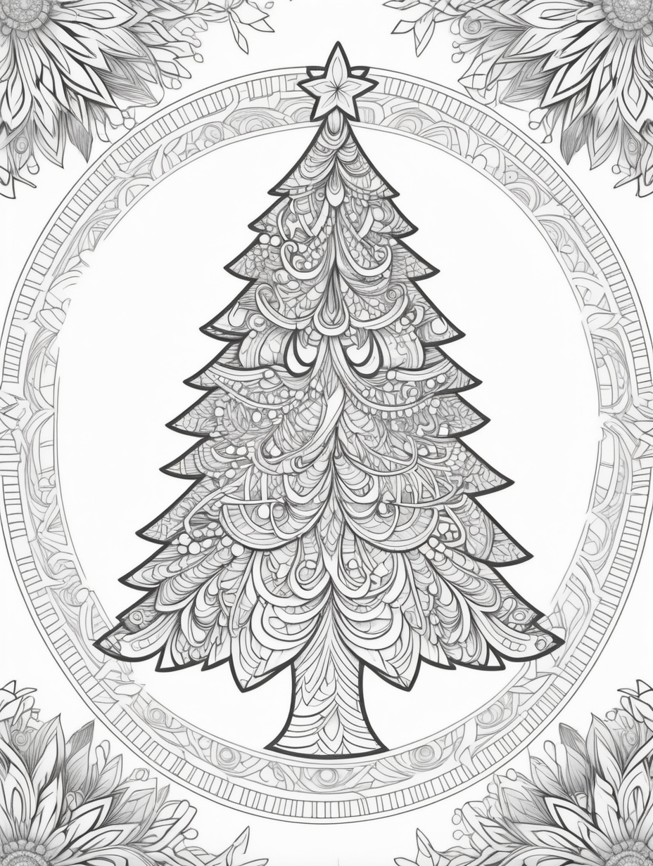 Christmas tree coloring page in mandala style. Mandala theme. Fulfil whole page
