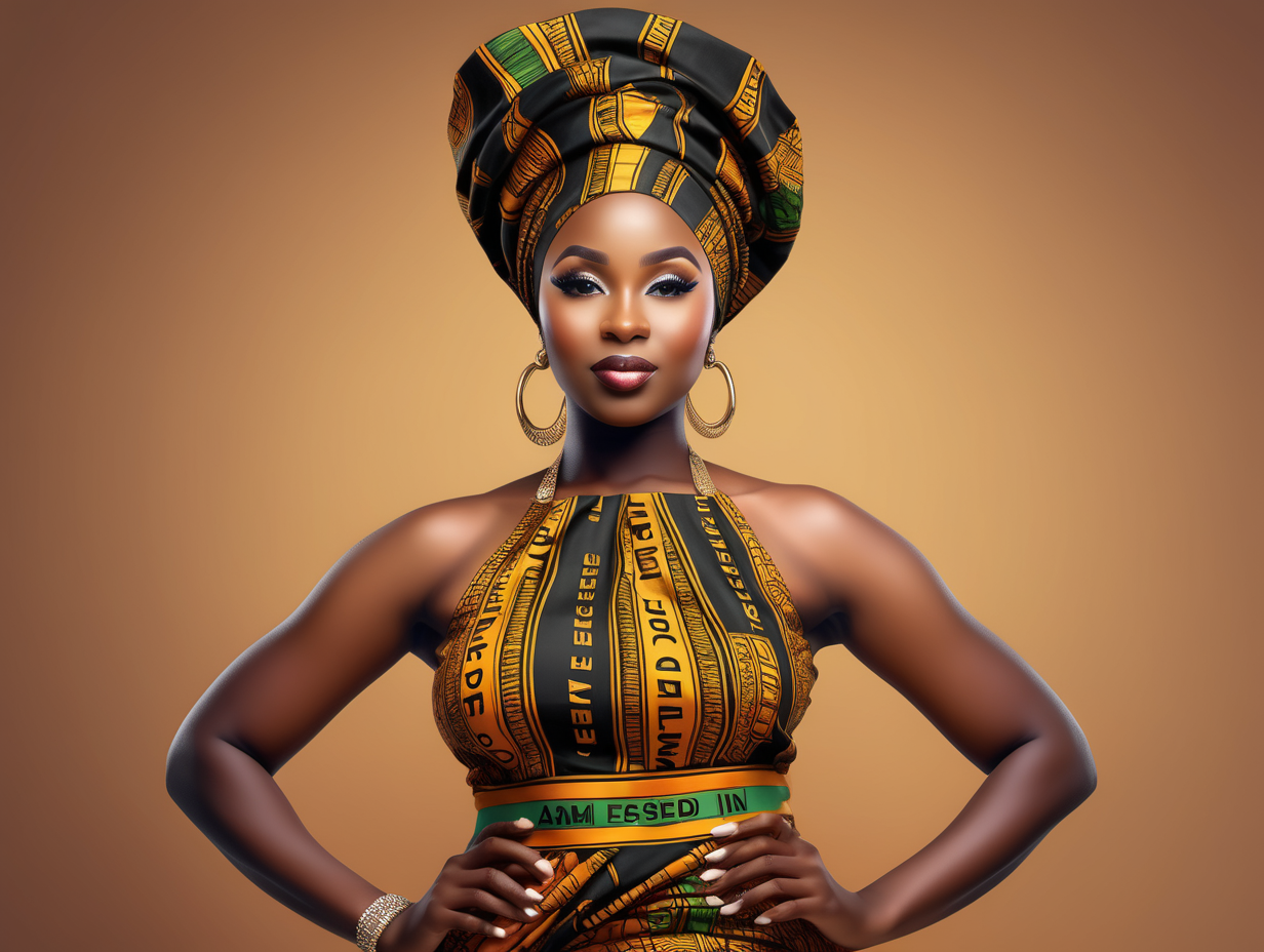 A realistic image  full body  effect of a curvy nubia skin black woman with super medium short cut hair wearing african dress and head gele  With the words AM BLESSED in the back ground  wearing heels 