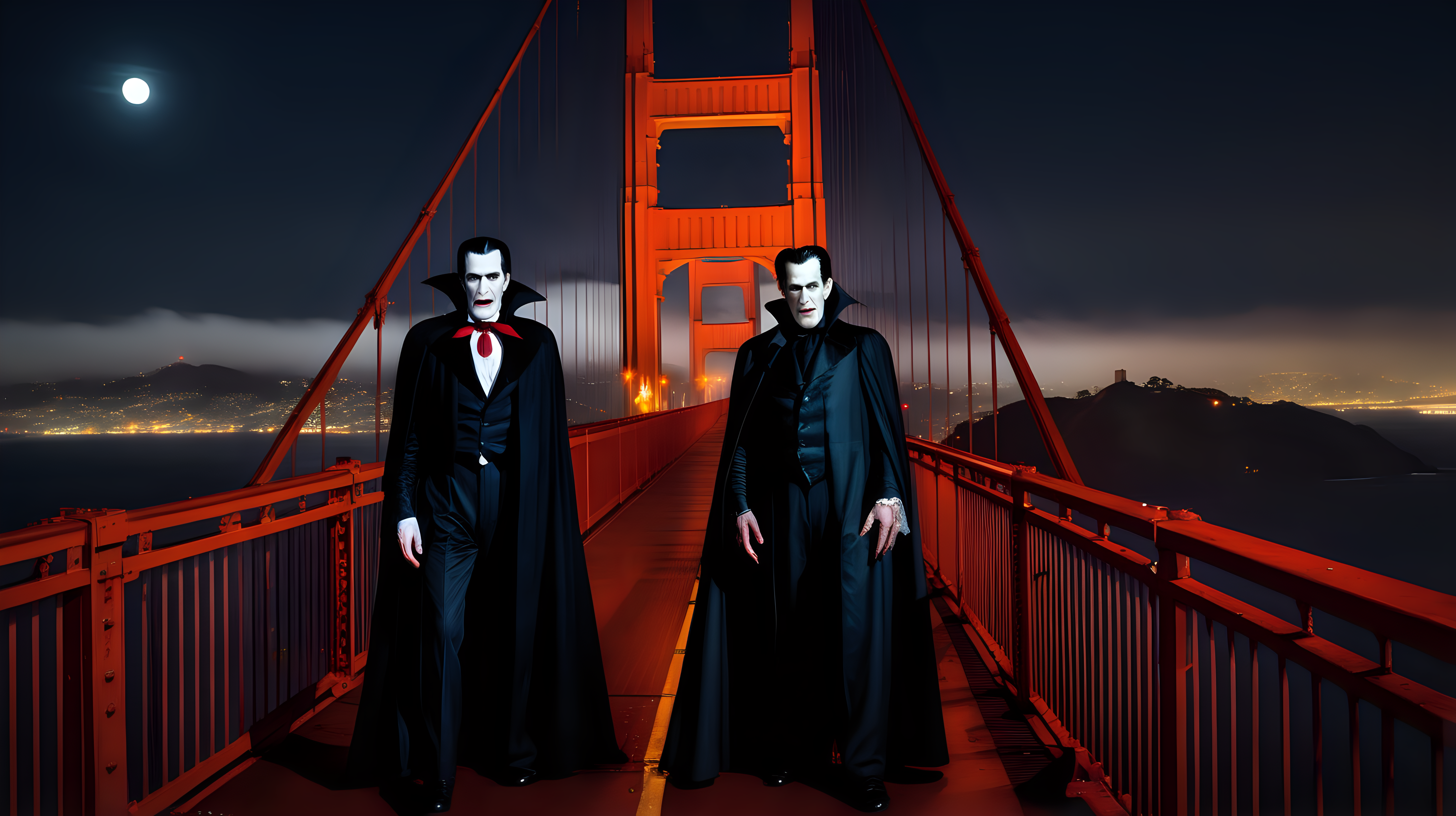 Dracula and Frankenstein on the Golden Gate Bridge at night