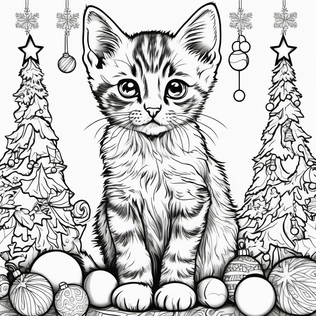 adult 
coloring book page kitten christmas themed black white