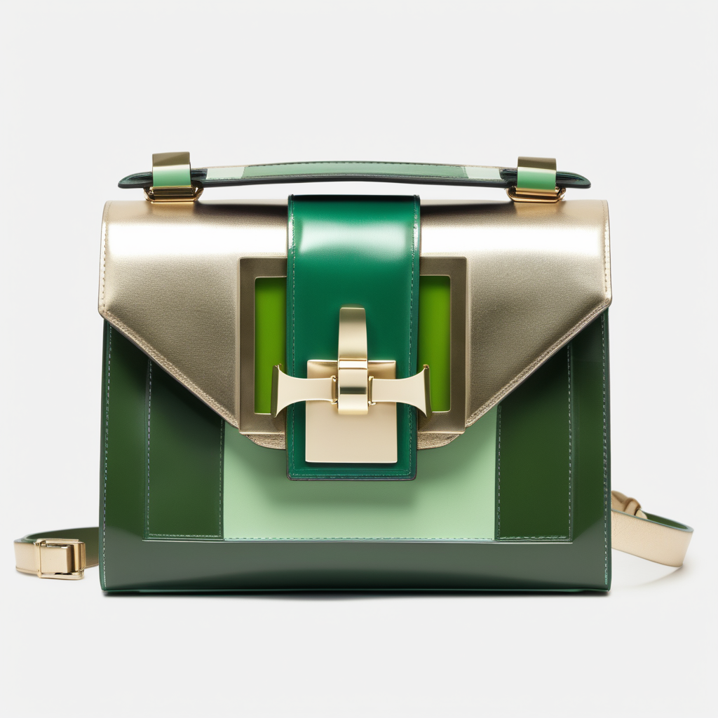 Art Nouveau inspired luxury small  bag in Metalized leather with flap and metal buckle- geometric shape - frontal view  - inserts color block - green shades