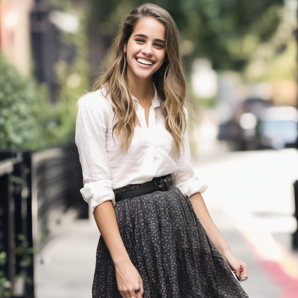 Emily Feld smiling dressed in a skirt and