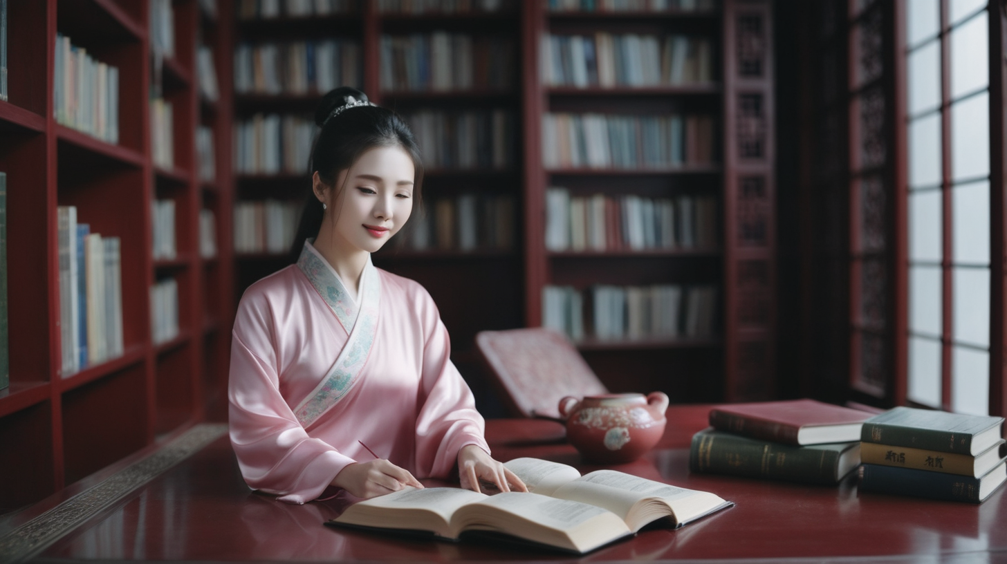 chinesse women in the liabrari at home

