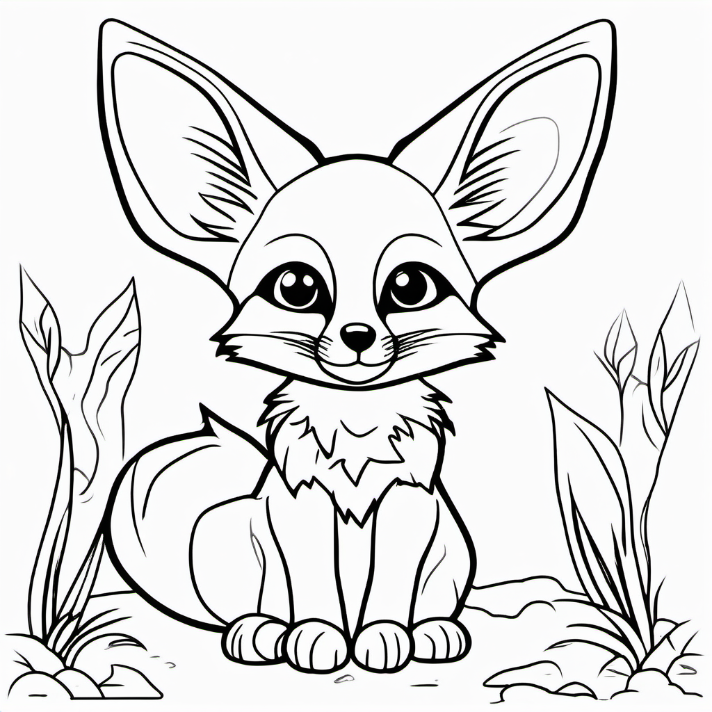draw a cute Fennec fox with only the outline in black for a coloring book for kids