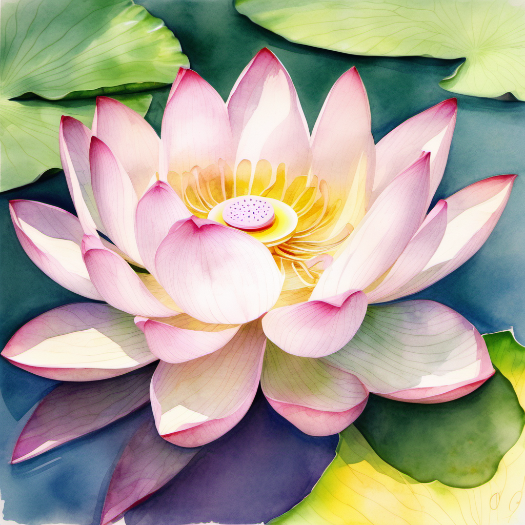 /envision prompt: A watercolor image depicting a delicate lotus flower. The lotus is in full bloom, with soft pink petals unfolding around a bright yellow center. It floats on a pond with broad green leaves and a few gently rippling water surfaces. The image captures the essence of tranquility and the elegant simplicity of the lotus. The lighting suggests a peaceful, sunny day.--v 5 --stylize 1000
