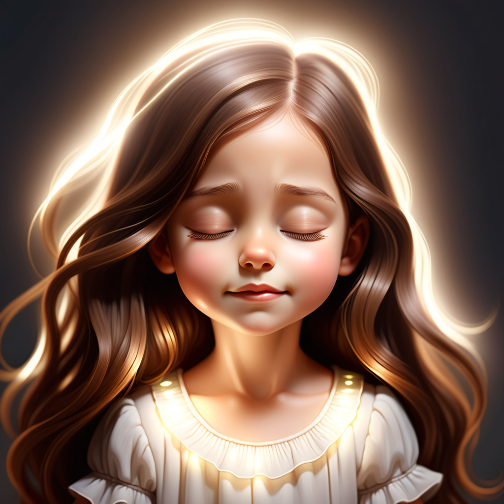 a little girls with long brown hair , eyes closed and shinning brightly with white light

