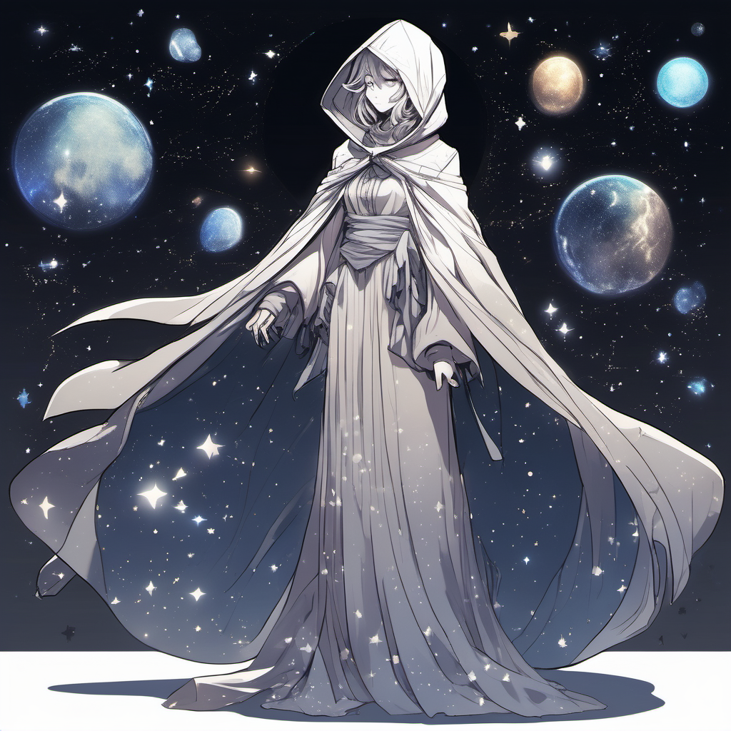 n anime manga style, a full body head to toe image of a mysterious and magical female wearing a long dress and shimmering cloak with a hood that is covered with stars, moons, planets and galaxies, full body reference