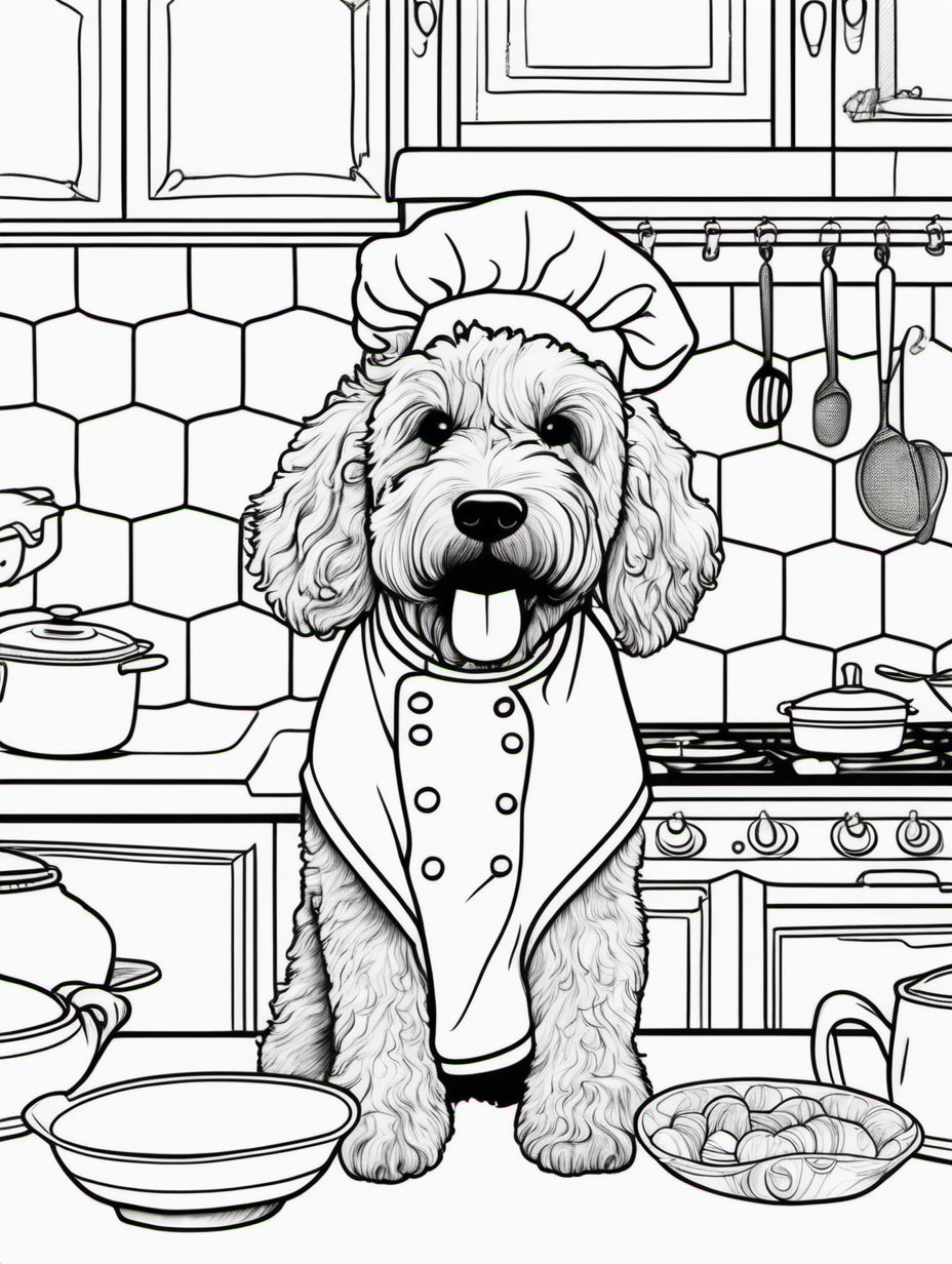 Cute female golden doodle in a whimsical kitchen wearing a chef’s hat  for a coloring book with black lines and white background