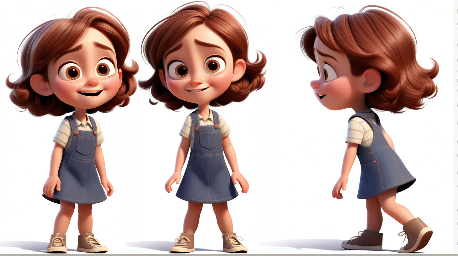 imagine 5 year old short girl with brown hair, fair skin, hazel eyes, use Pixar style animation, use white background and make it full body size, character sheet multiple expressions and poses 